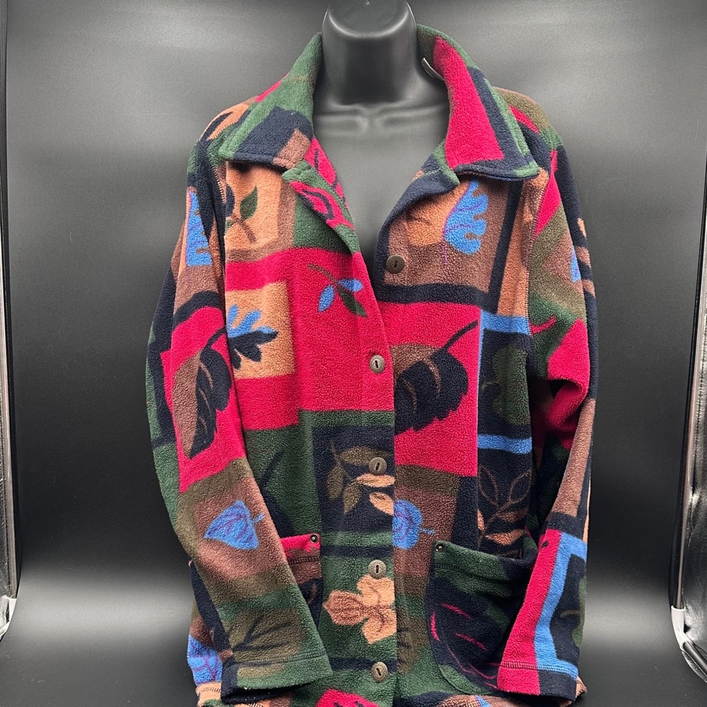 Vintage Blair Fleece Jacket Button Up Leaves Fall Autumn Print Multicolor Medium
